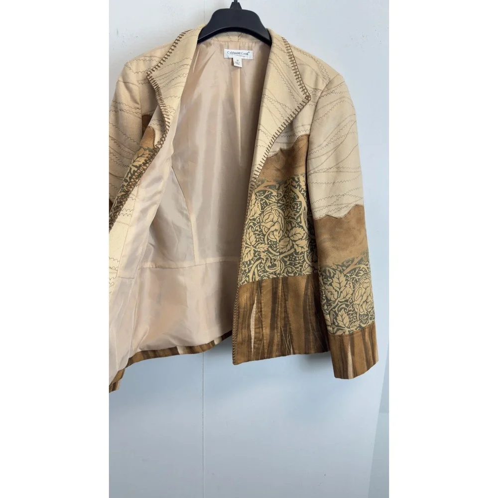 Coldwater Creek Womens Faux Suede Mixed Media Western Blazer Brown Tan Floral 14
